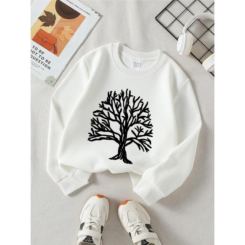 European Sizes Kids' Crewneck Sweatshirt - White Tree On Brown Fabric Background , Sportswear And Casual Wear, Soft And Comfortable, Clothing