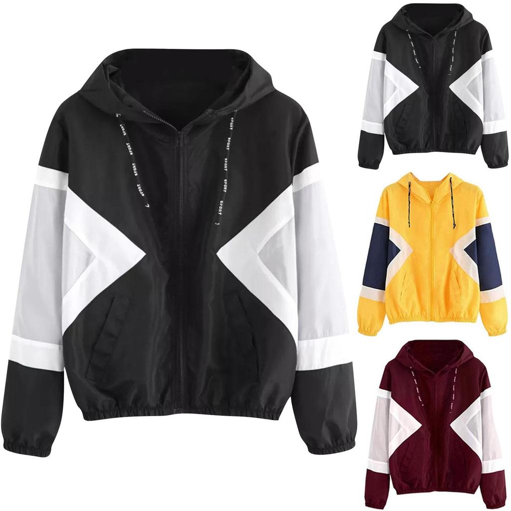Womens Long-sleeved Hooded Zipper Stitching Contrast Color Windbreaker Coat