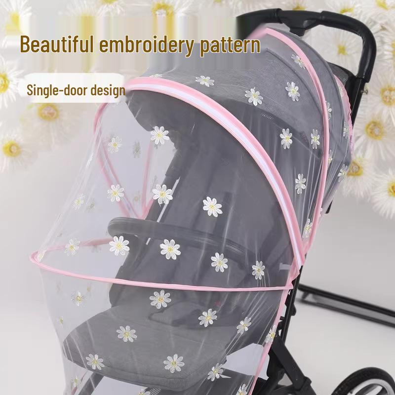 Universal Baby Stroller Mosquito Net with Zippered Embroidered Chrysanthemum Design