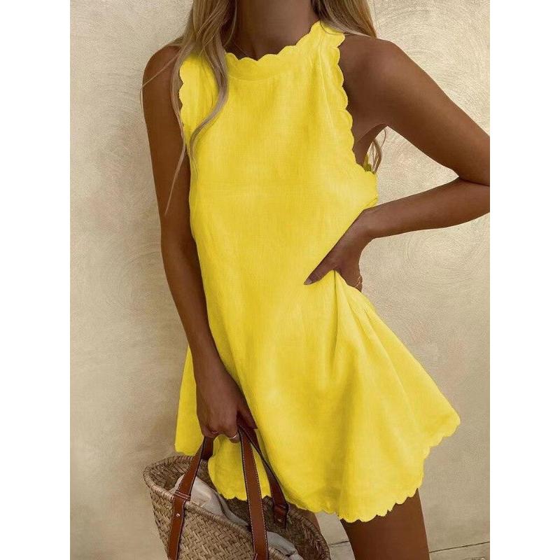Fashion Sleeveless Solid Mini Sexy Dress Women Summer O-neck Ruffle Cotton Linen Dress Casual Beach White Dress Robe