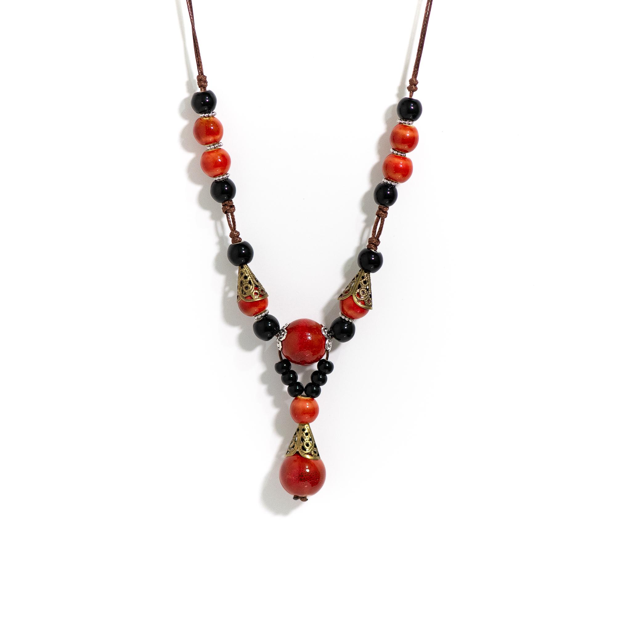 

Handmade Ceramic Pendant Necklace with Adjustable 60-80cm Length, Vintage Alloy Accents – Red, Blue, Light Green, Women’s Jewelr