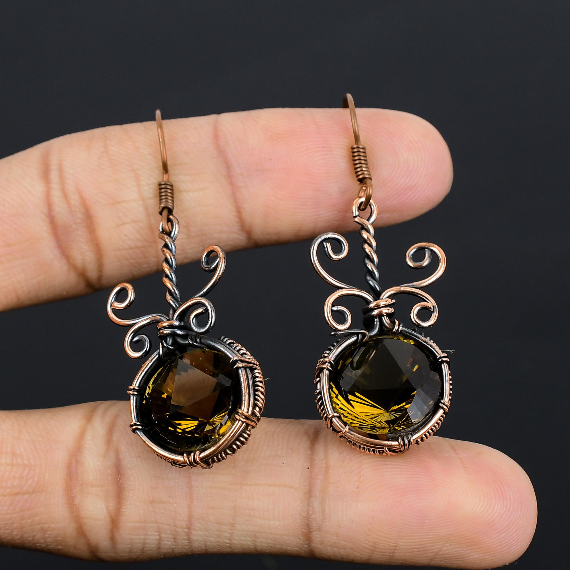 

Серьги с дымчатым топазом, ювелирные изделия с драгоценными камнями, серьги, обернутые медной проволокой 999 пробы, красивые серьги ручной работы 2.55 Inches