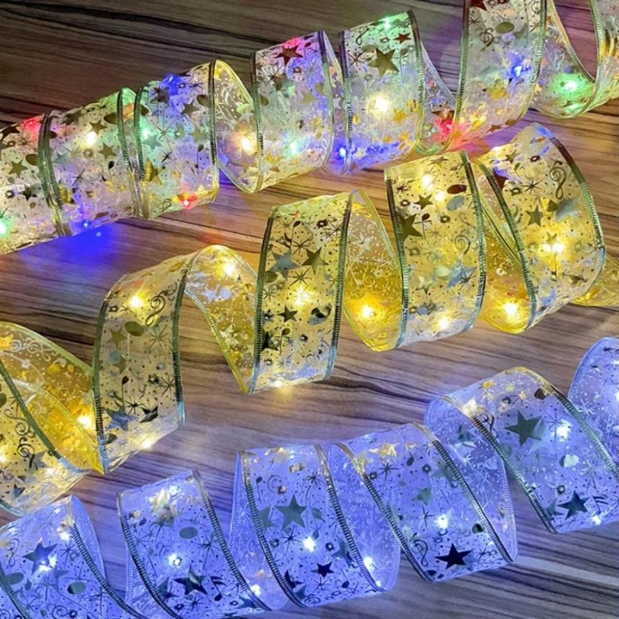 LED Ribbon Decoration Lights 10m Christmas Tree Decoration Ornaments Lace Bows String Lights Navidad Home Decors New Year 2025