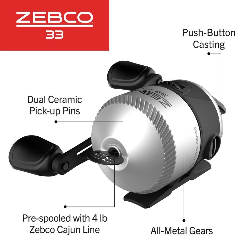 Zebco 33 Micro Spincast Angelrolle Größe 10 Rolle Umrüstbar auf Rechts- oder Linkshand Bissanzeige 4lb Zebco Cajun Schnur SilberSchwarz