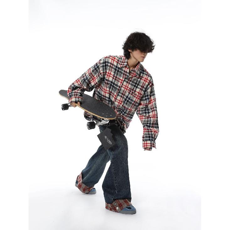 2024 Plaid Long Sleeve Shirt Japanese Hong Kong Style Ins Loose Shirt Boys Summer Trendy Versatile Casual Coat