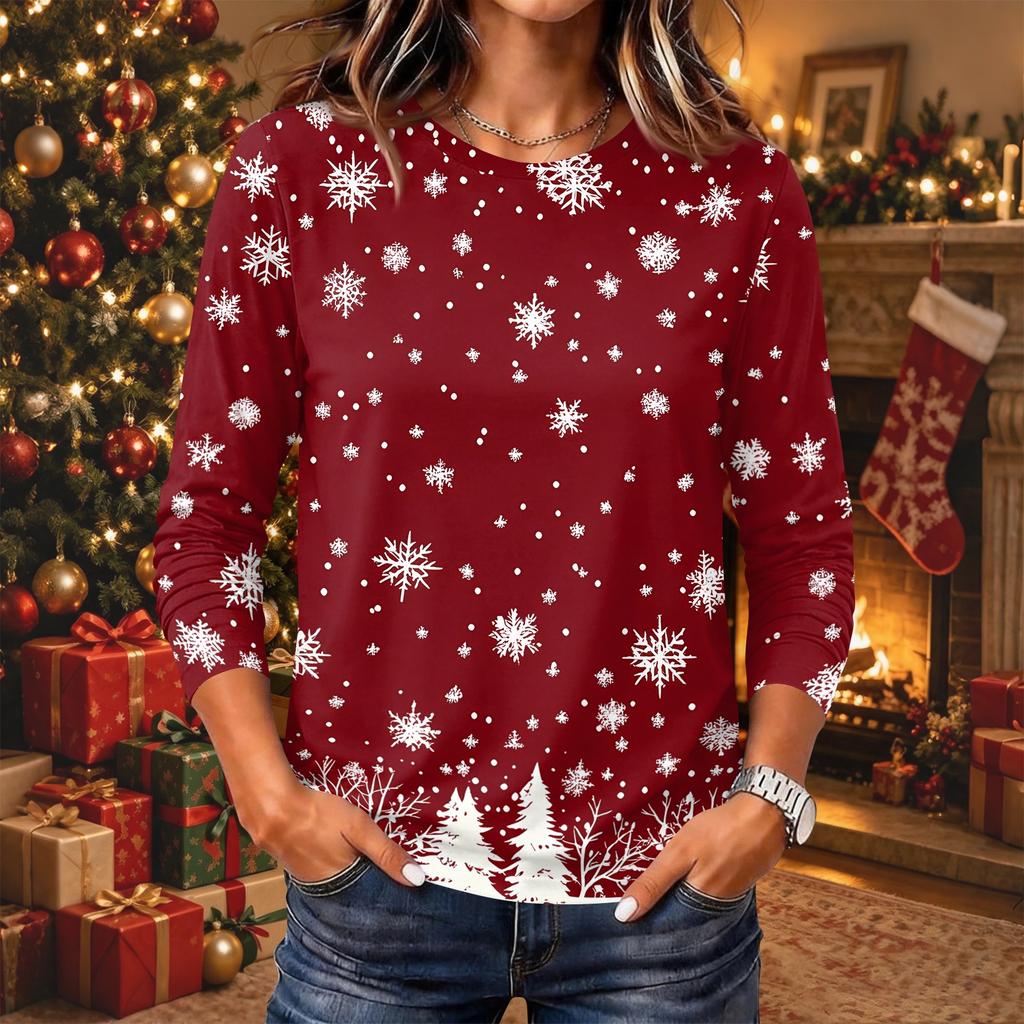 Women's Christmas Print Long Sleeve Neck Pullover Top