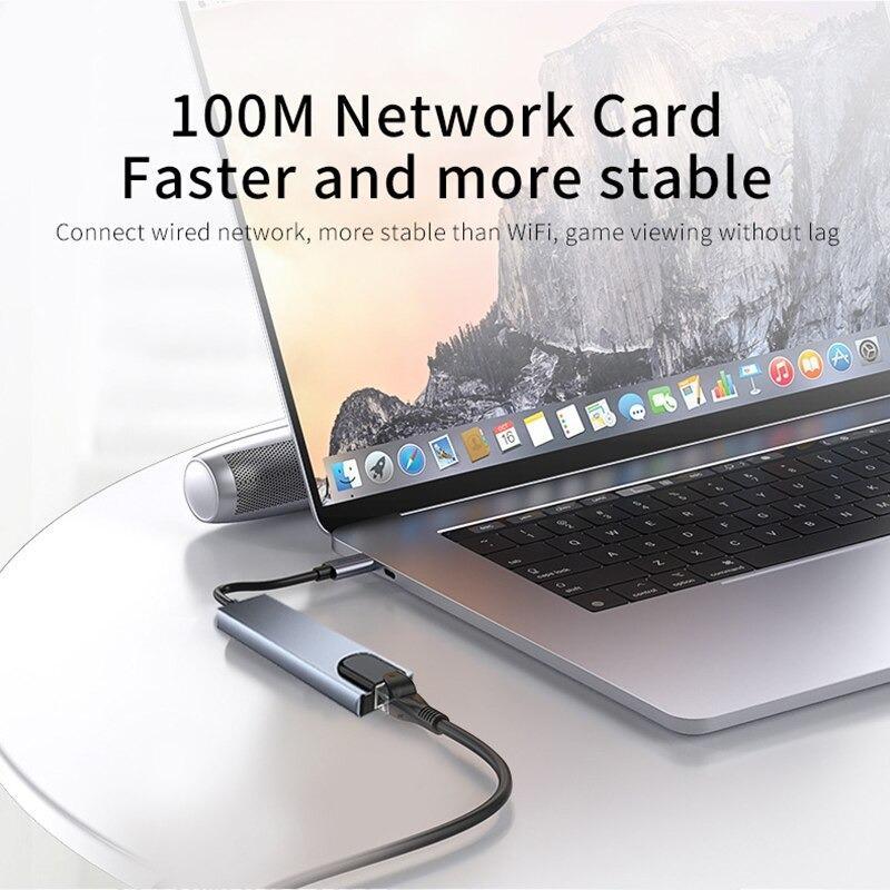 USB C Hub 8 In 1 Type C 3.1 To 4K HDTV Adapter with RJ45 100Mbps SD/TF Card Reader PD100W Fast Charge for Macbook Xiaomi Huawei Notebook Laptop