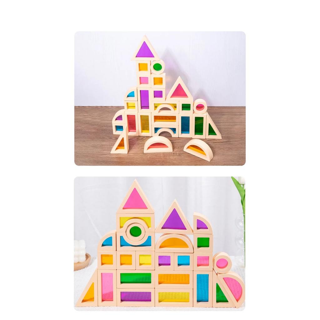 25 bucăți blocuri de construcție stivuite Jucării Montessori Jucării de construcție Jucărie senzorială cu geometrie colorată Blocuri din lemn curcubeu pentru preșcolar