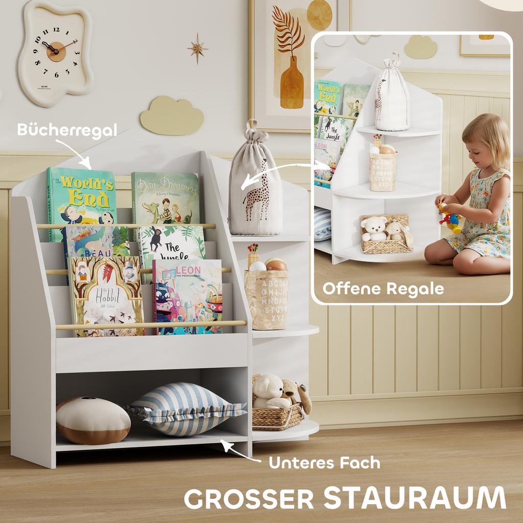 Children's shelf with 7 shelves for books and toys, rounded edges, supports 40 kg, white