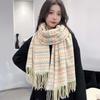 Contrast Color Knitted Wool Shawl Soft Long Neckscarf with Tassel Dopamine Plaid Scarf  Autumn