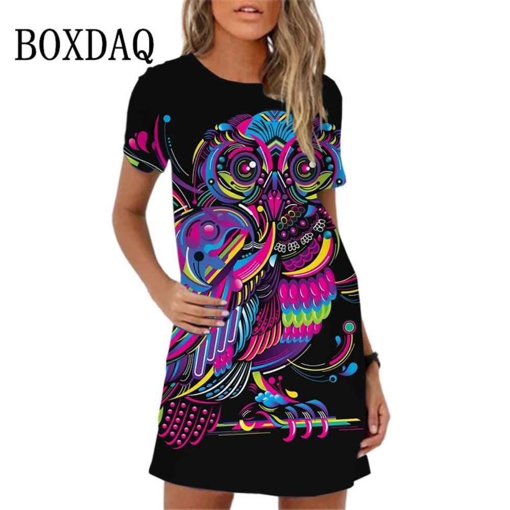 Fashion Owl Print Women Dress Summer Loose Mini Dress 3D Pattern Short Sleeve O-Neck Casual Female Dress