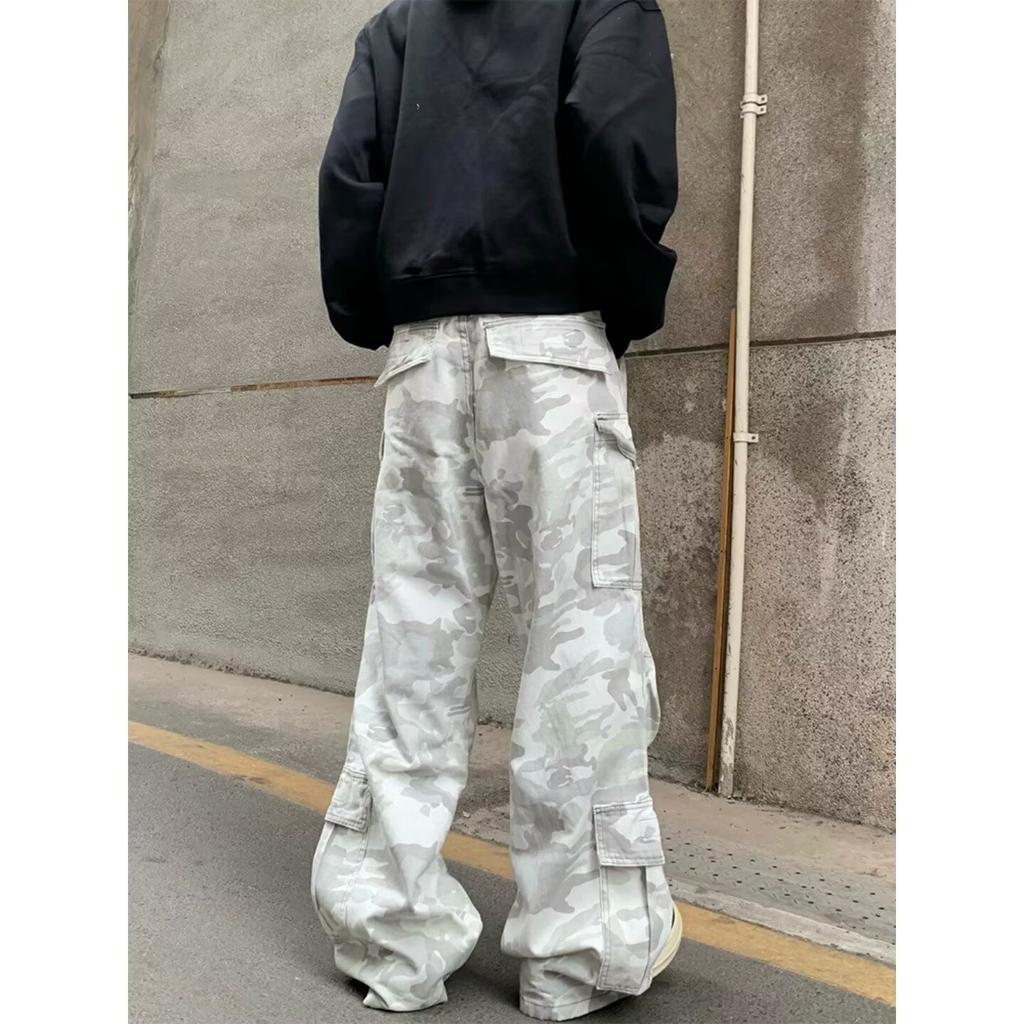 American Street Snow Camouflage Tooling Jeans Men's and Women's High Street Silhouette Splicing Multi-pocket Layered Casual Pants