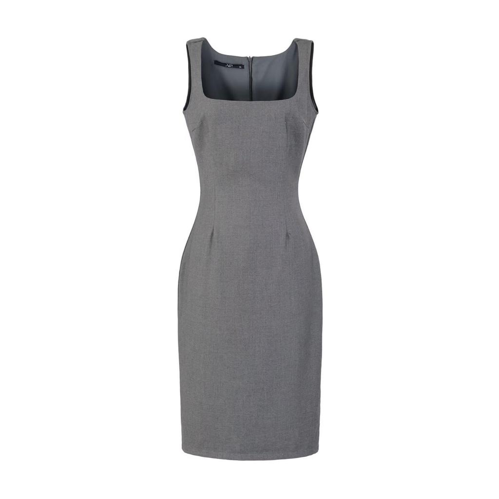 YPFF Trendy Women's Sleeveless Square Neck Slim Fit Dress Suit with Back Slit Skirt