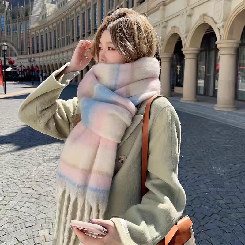 Available Autumn and Winter Elegant Color-Block Women'S Warm Scarf, Thick Striped Shawl with Tassels, Ideal for Outdoor Use