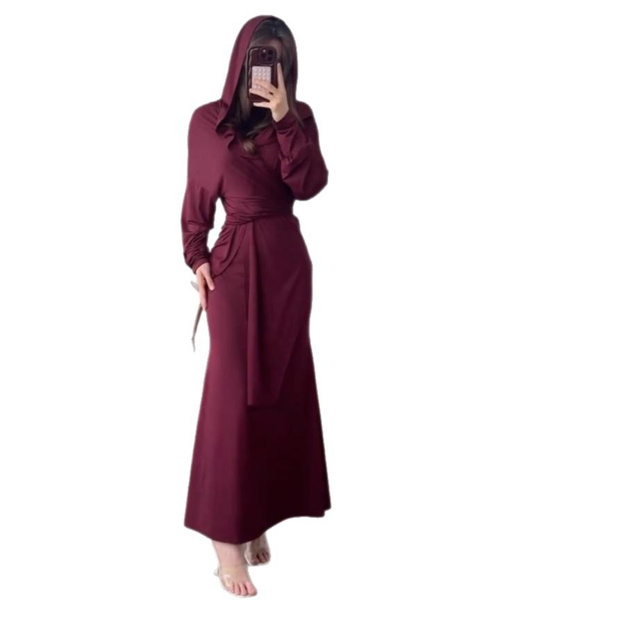 2025 Summer Long Sleeve Tie Waist Hijab Dress with Cape