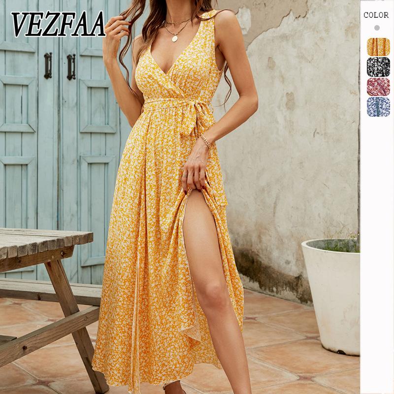 

VEZFAA женские модные летние весенние повседневные платья без рукавов с v-образным вырезом и высокой талией
