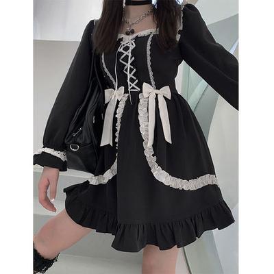 Japanese Lolita Gothic Dress Women Vintage Square Collar Long Sleeve Dress Young Girl High Waist Puff Sleeve Lace Ruffles Dress