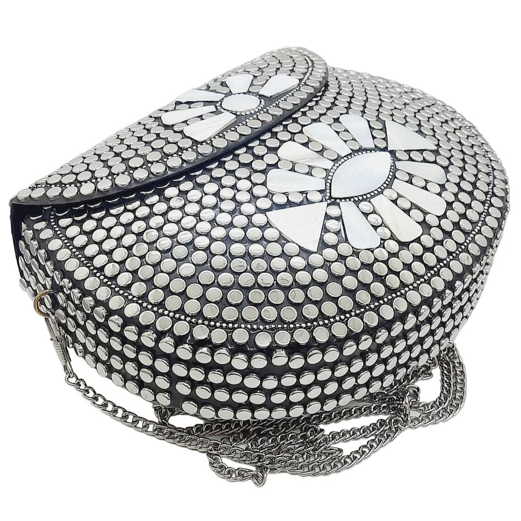 Silver Metal Beaded Ethnic Purse Girls Bridal Bag Cross Body Bag for women/Girl Party Clutch Metal Clutches Vintage Brass