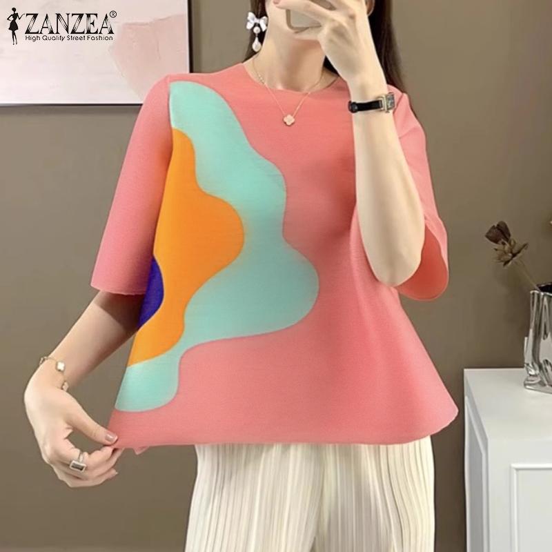 ZANZEA Women Summer Round Neck Short Sleeve Colorblock Blouses