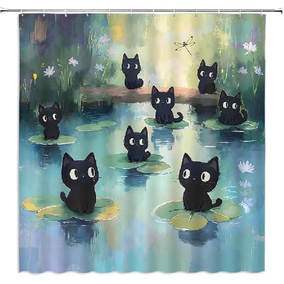 Funny Black Cat Shower Curtain Abstract Kitty on Green Lotus Leaves Dragonfly Floral Lovely Interesting Cute Pet Oil Painting Bathroom Decor Curtain 70 W x 70 L (Pack of 1)