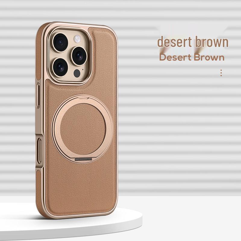 

Compatible with iPhone 16/17 Pro Max: Leather Magnetic Rotating Bracket Phone Case, Frosted Electroplated, Drop-Proof Design. 16 пустынный/золотой