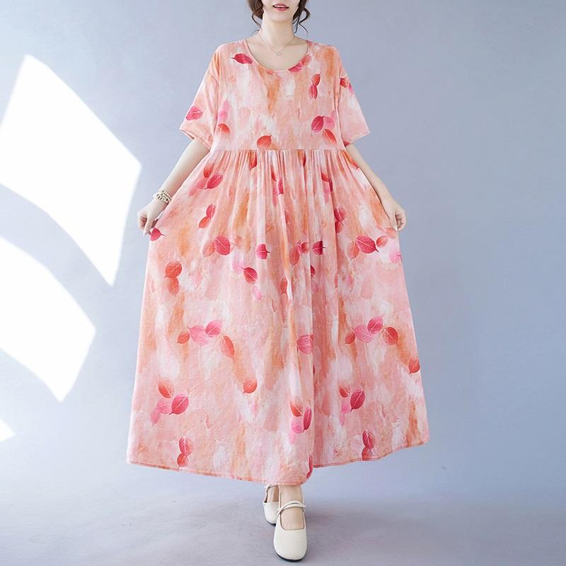 Short Sleeve Plus Size Cotton Vintage Floral New In Dresses for Women Casual Loose Long Summer Dress