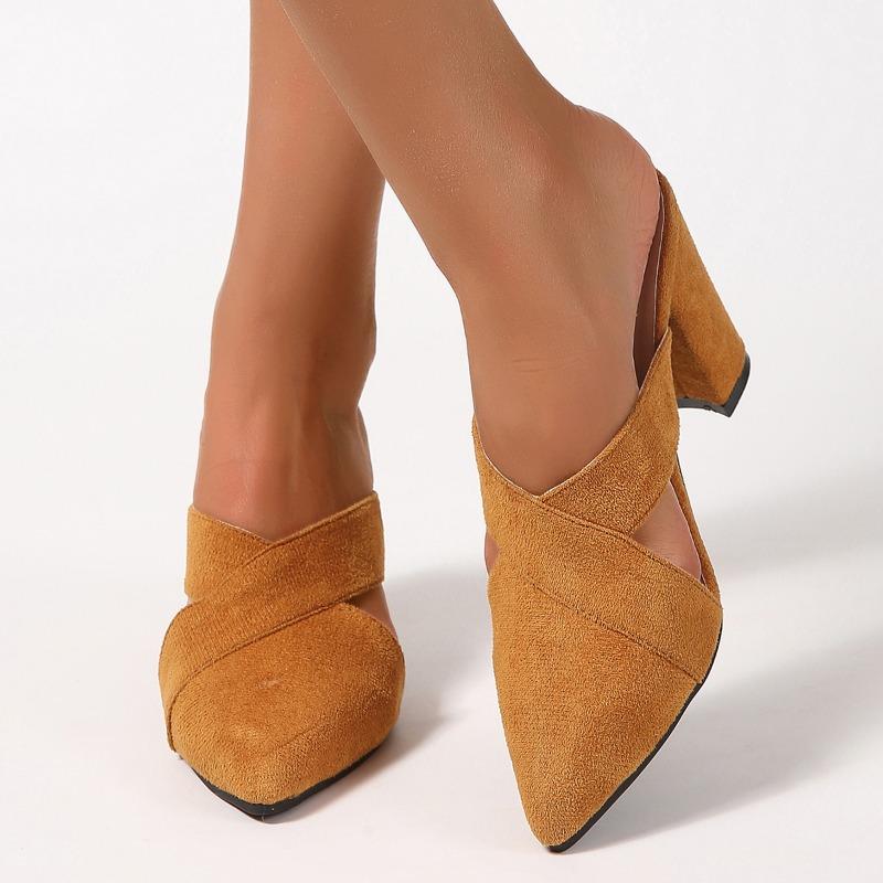 Fashion Women's Fashion Baotou Slippers Autumn New Pointed Head Deep Hollow Suede Anti-slip Wear-resistant High Heels