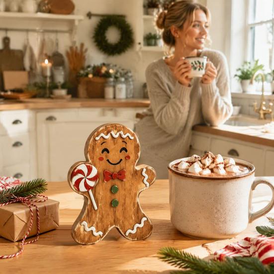 Christmas Village Gingerbread House Wooden Man Decor, Rustic Gingerbread, Candy Cane Figurines, Xmas Reusable Seasonal Home Decor Tabletop Ornaments