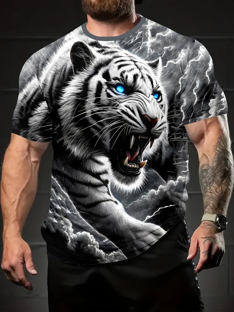 Herren 3D Tiger bedrucktes Kurzarm Rundhals T-Shirt Atmungsaktiv Stretch Lässig Mode T-Shirt Outdoor Party Wochenendbekleidung Tops