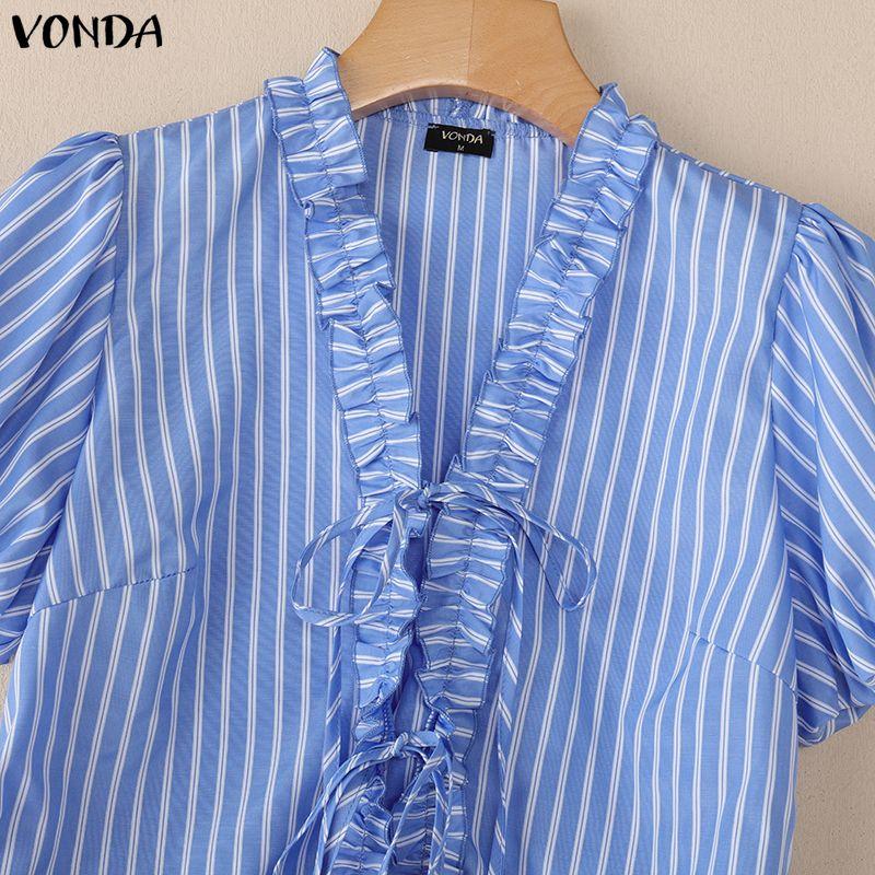 VONDA Women Puff Short Sleeve Bow Knot Striped Casual Ruffled Blouse Tops