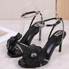 European and American Rhinestone Embroidered Flower Large Size Stiletto Sandals Women's One-word Buckle High Heels