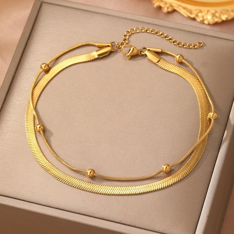 Stainless Steel Waterproof Double-Layer Snake Bone Bead Chain Anklet for Women Fashion Simple Adjustable Anklet Jewelry Gift