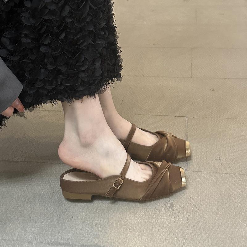Metal square head flat heel half drag 2025 spring bag head soft leather soft sole slippers women wear one word with Mary Jane shoes