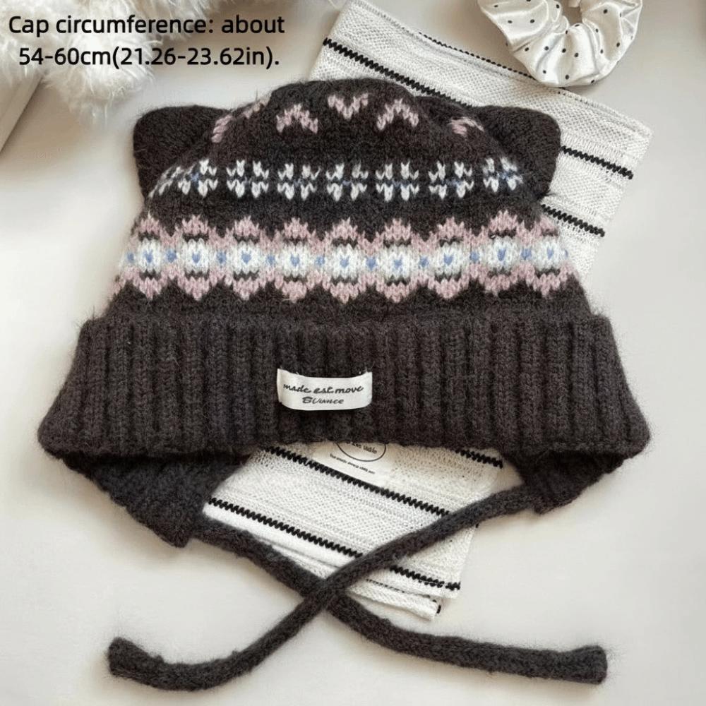 Thickened Winter Beanie With Earmuffs Fair Isle Unisex Warm Hat Cat Ear Knitted Hat Leisure Travel