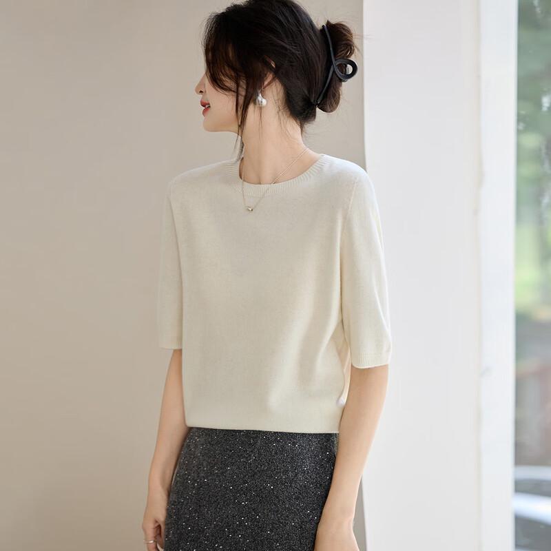 Srcr Women's Cashmere Blend Round Neck Mid-Sleeve Sweater