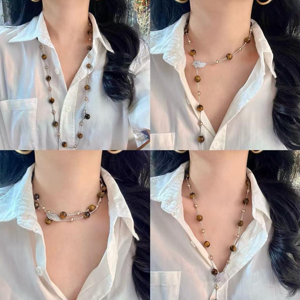 Maillard Natural Boutique Tiger's Eye Stone Imitation Tahitian Pearl Various Wearing Methods Sweater Chain Collarbone Chain Necklace