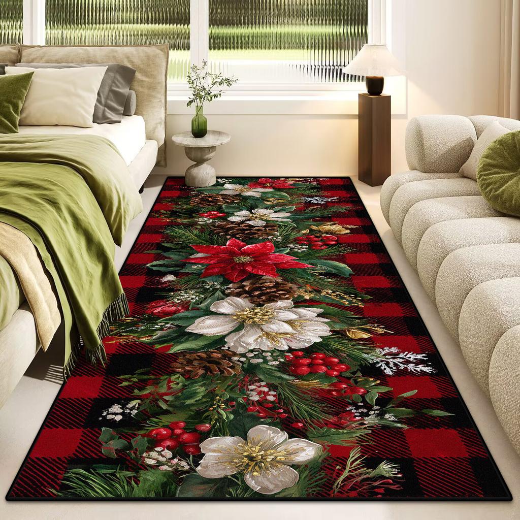 Merry Christmas Poinsettia Plaid Kitchen Rug Lliving Room Entrance Non-slip Door Mat Balcony Bath Floor Mat Christmas Decoration