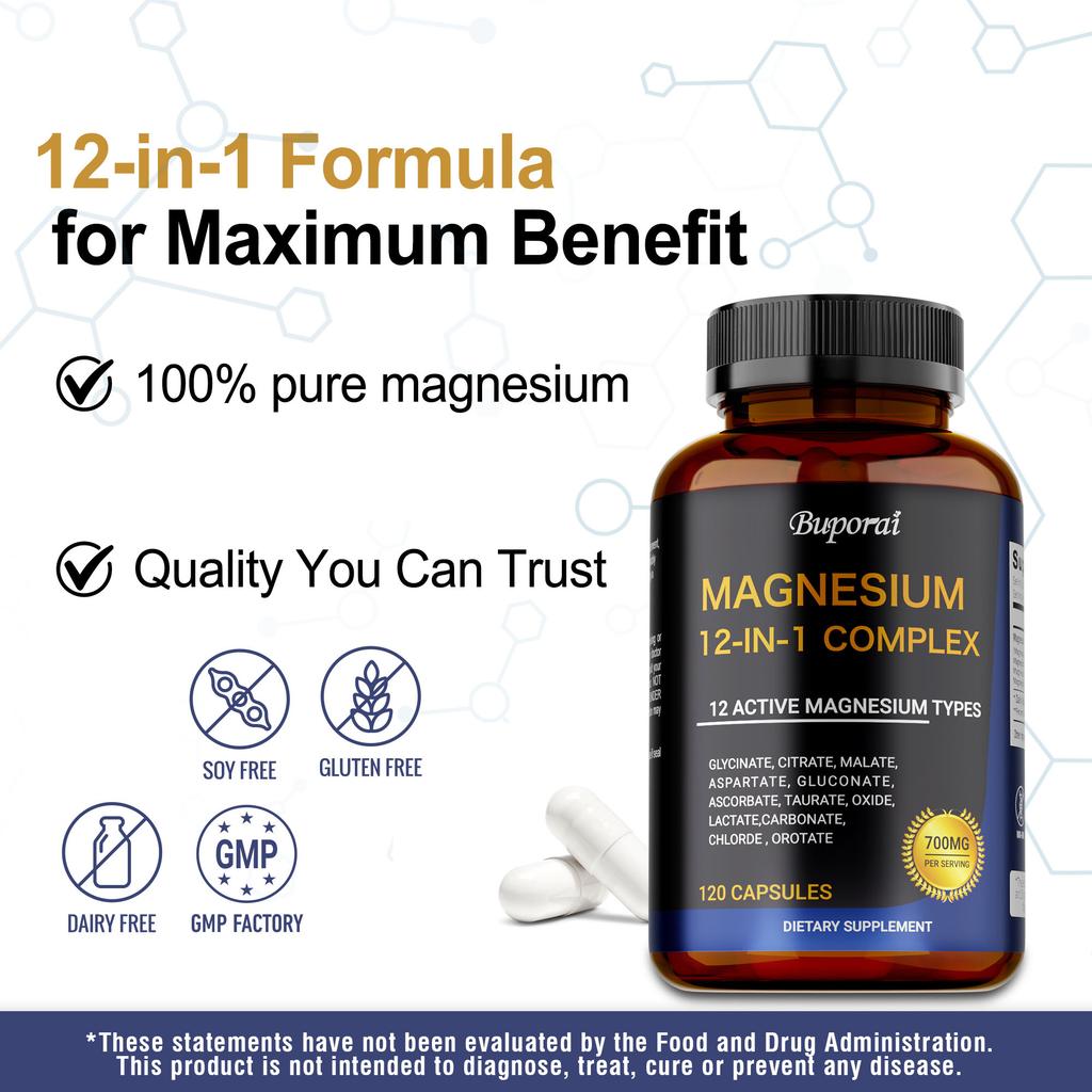 Magnesium Complex 700 Mg, 12-in-1 Magnesium Supplement, Vegan, Non-GMO, Easily Absorbed, Suitable for Both Men and Women