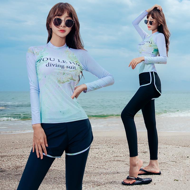 Women's Three-Piece Swimsuit: Long-Sleeve, Flat-Leg Design to Slim and Cover. Ideal for Small Busts, Perfect for Hot Springs.
