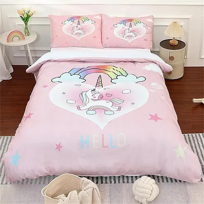 Rainbow Twin Duvet Cover Set For Girl Pink And Yellow Rainbow Star Duvet Cover Cartoon Rainbow For Bedroom Decoration Women Kid
