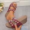 Pearl Thick-soled Shoes One-shoulder Slippers Women's Fashionable Wedge Heels Riveted Toe-exposed Beach Flip-flops