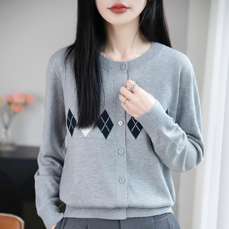 Spring and Autumn New Style Diamond Pattern Color-blocked Women's Knitted Cardigan with Checkered Jacquard Layering Sweater for Women