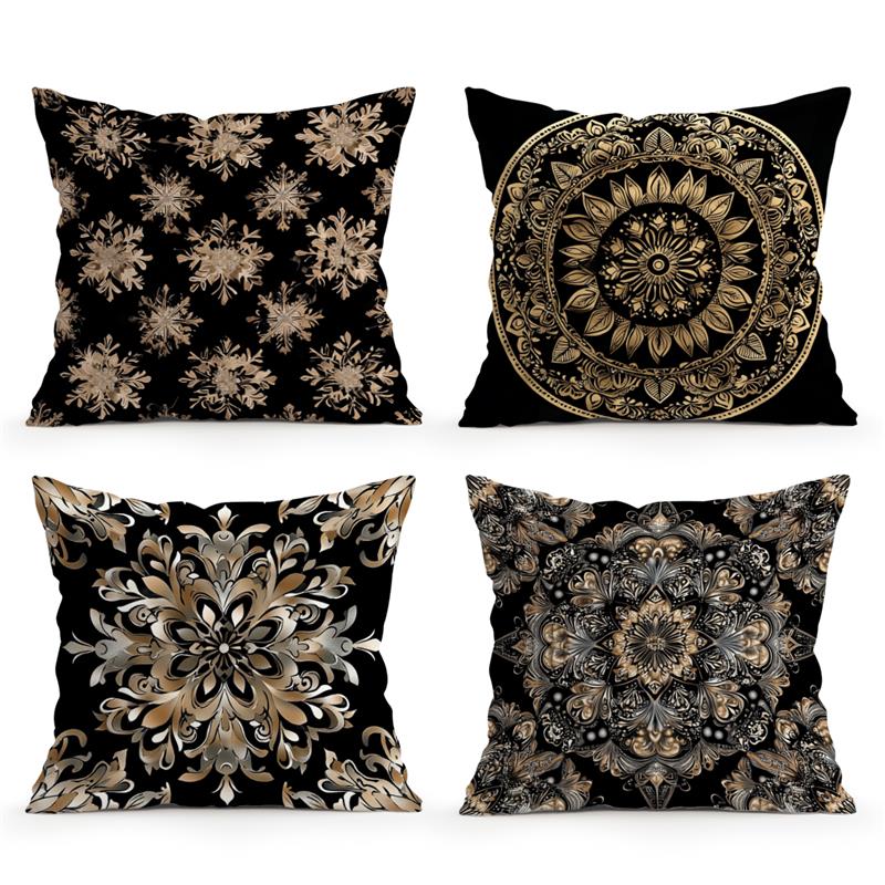 Home Decor Elegant Black And Gold Mandala Pattern Pillows Pattern Cushion Cover Suitable For Sofa Bedroom Car Pillow Cover