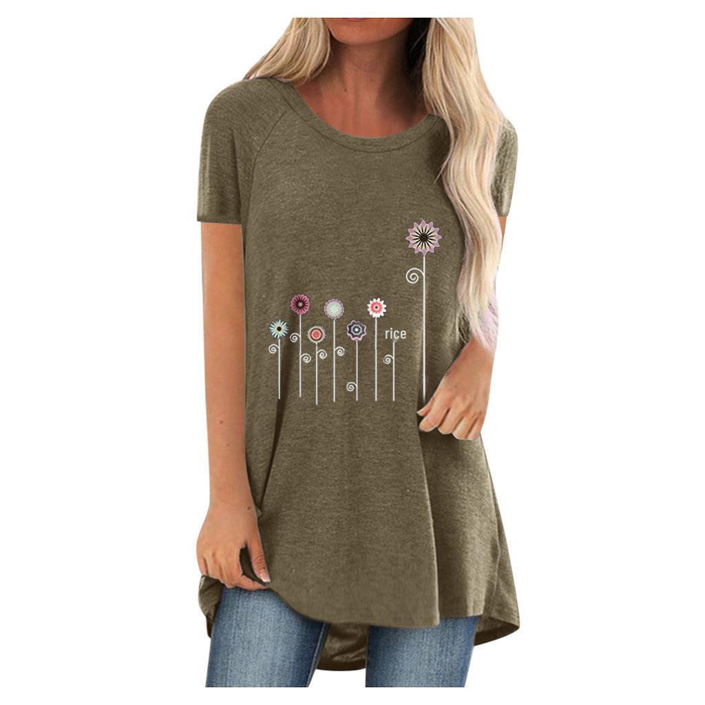 2022 Summer Casual Plus Size Round Neck Solid Color Loose Short Sleeve Printed T-Shirt