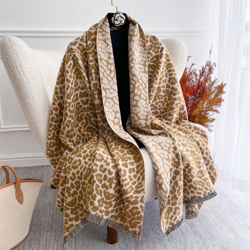 Womens Winter Leopard Print Scarf Shawl Double-Sided Jacquard Knit Warm Thick Faux Cashmere Wrap