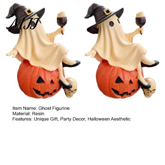 Decorative Bar Accessories Cute Ghost Figurine, Sitting on Pumpkin Statue with Witch Halloween Party Table Centerpieces Hat, Resin Tabletop