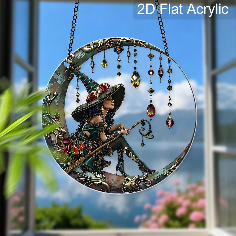 Acrylic Witch On Crescent Moon with Crystals Suncatcher, Stained Glass Effect Window Hanging Ornament for Witchcraft & Fantasy Lover Gifts