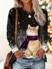 Christmas-themed women's snowflake and kitten print round neck long-sleeved T-shirt, festive black and white casual loose top