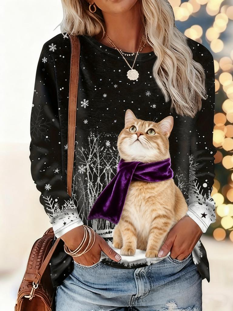 Christmas-themed women's snowflake and kitten print round neck long-sleeved T-shirt, festive black and white casual loose top