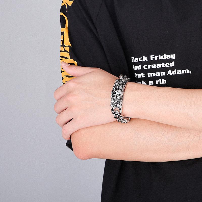 Gothic Skull Pattern Men's Bracelets On Hand Vintage Punk Stainless Steel Jewelry 230mm Chunky Skull Ghost Bracelet